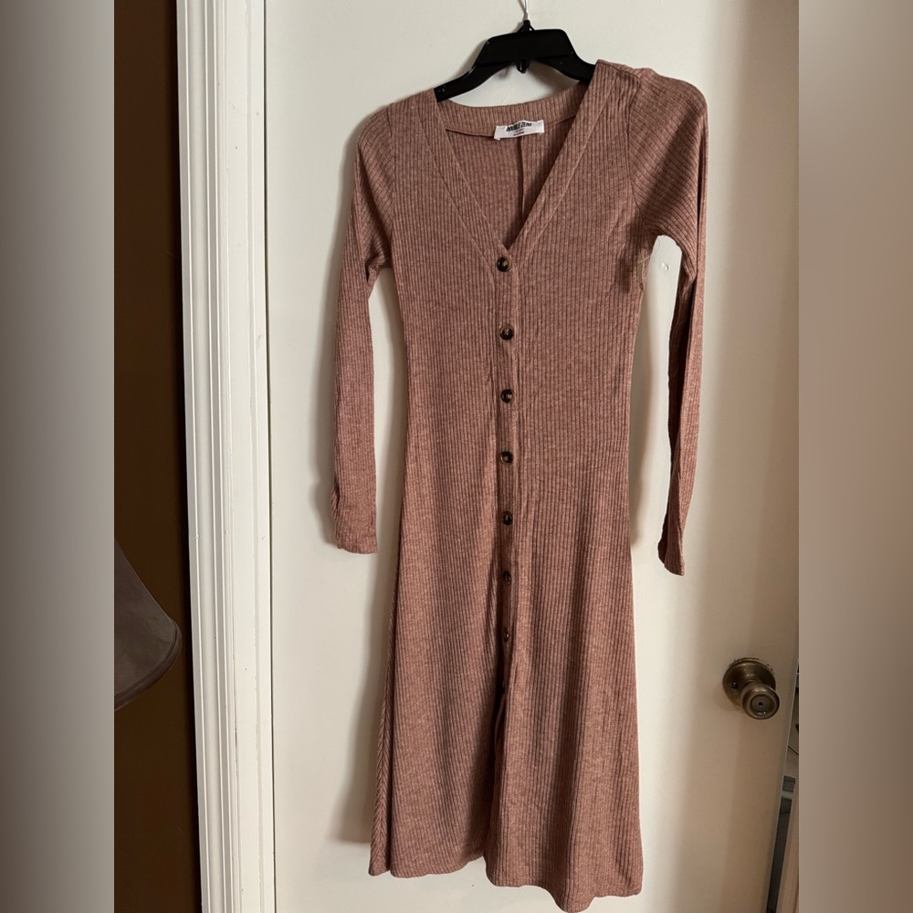 Double Zero Ribbed Button-Front Dusty Rose Long Sleeve Dress
